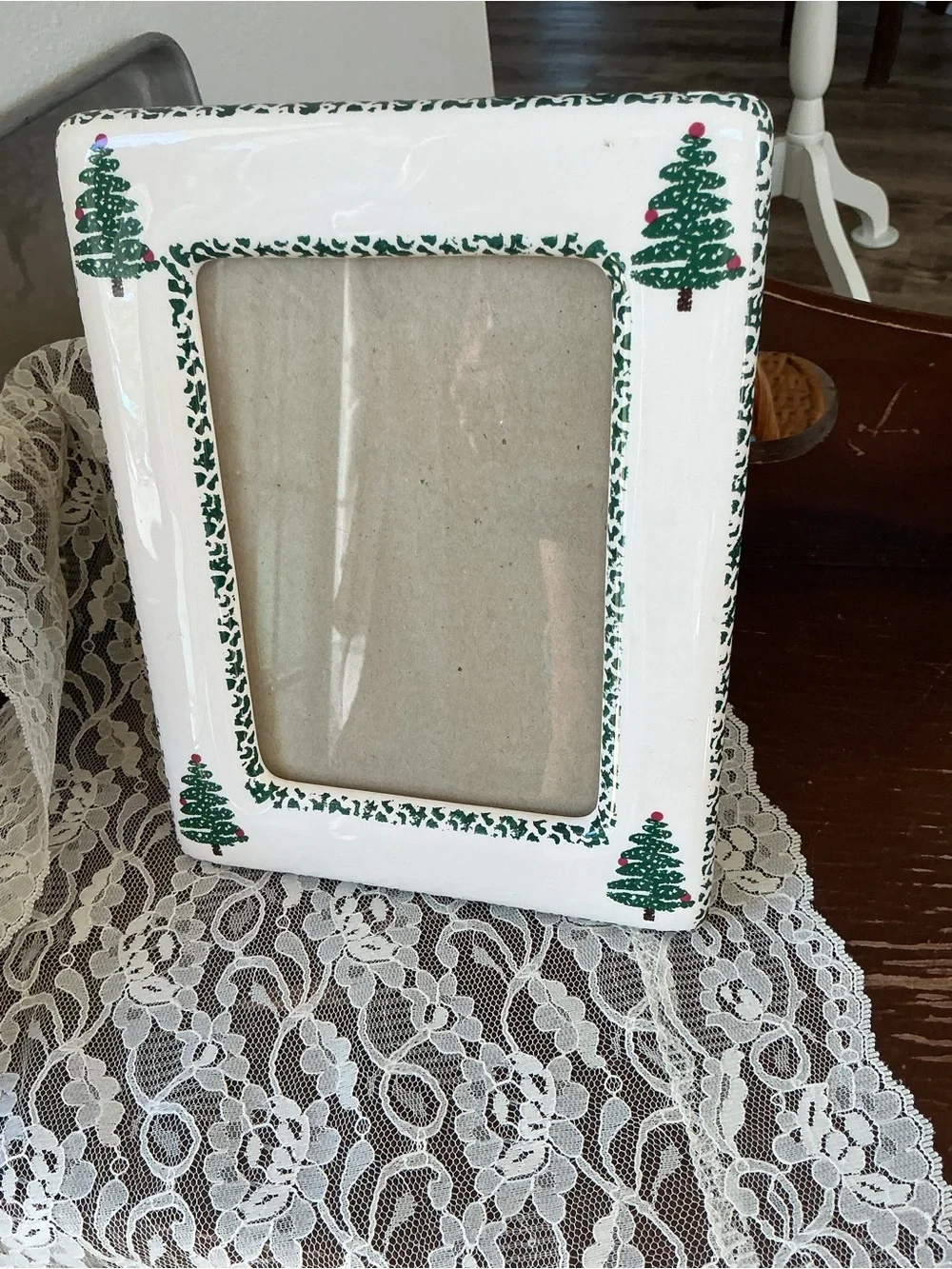 White Picture Frame with Green Christmas Tree Accents -